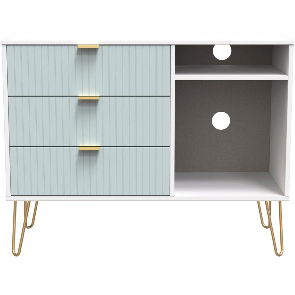 Linear 3 Drawer Open Shelf TV Unit with Gold Hairpin Legs