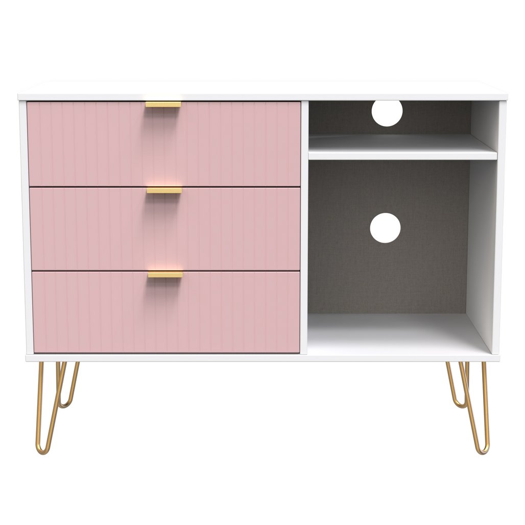 Linear 3 Drawer Open Shelf TV Unit with Gold Hairpin Legs