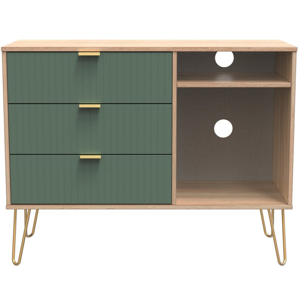 Linear 3 Drawer Open Shelf TV Unit with Gold Hairpin Legs