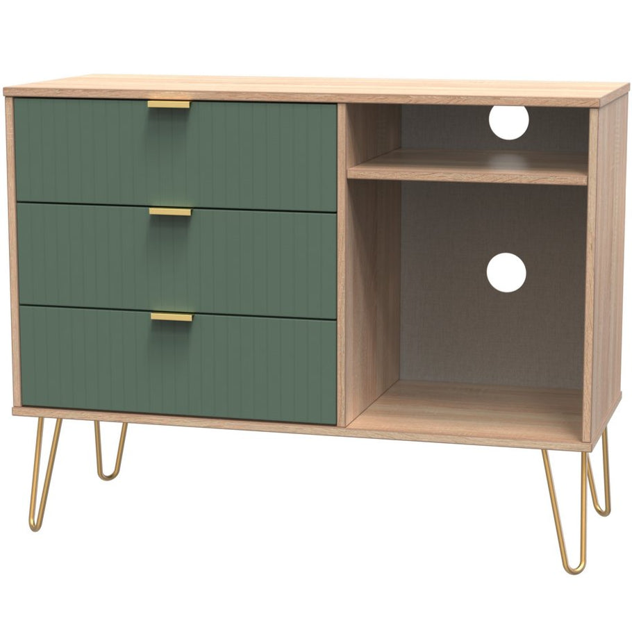 Linear 3 Drawer Open Shelf TV Unit with Gold Hairpin Legs