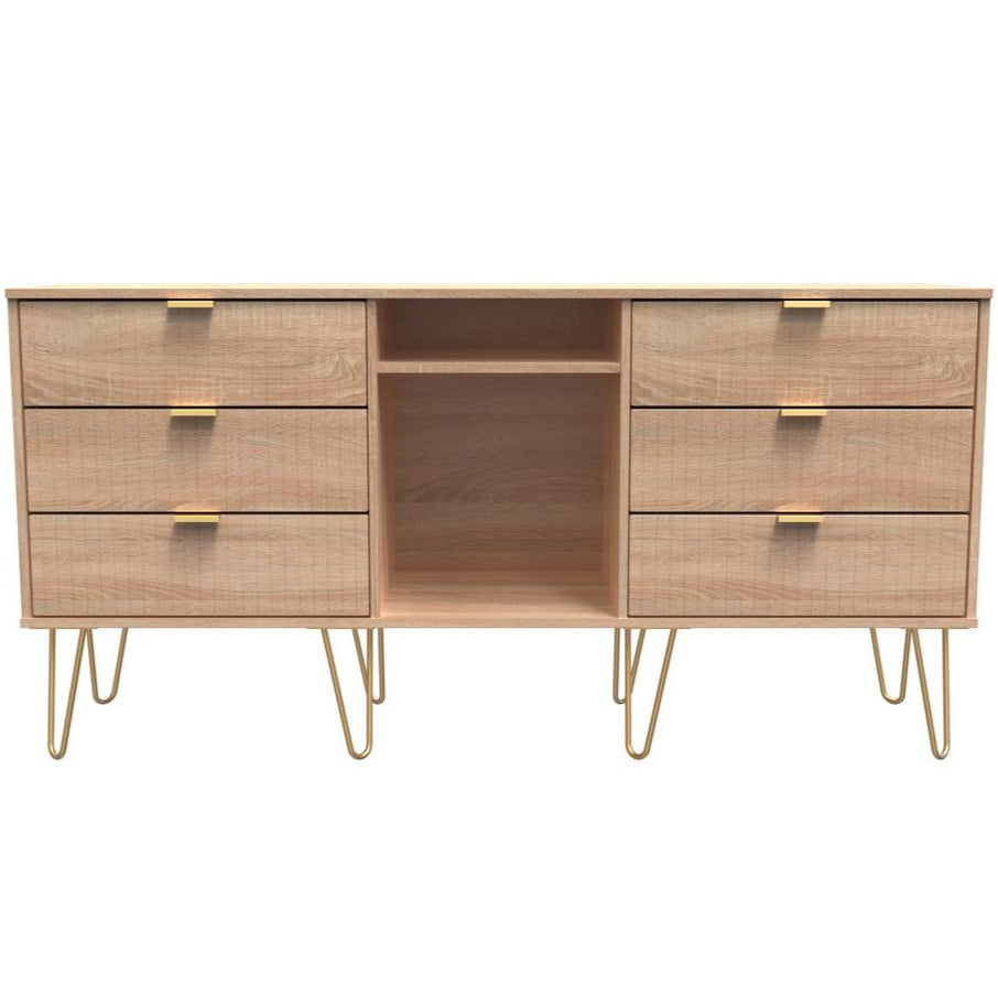 Linear 6 Drawer Open Shelf TV Unit with Gold Hairpin Legs