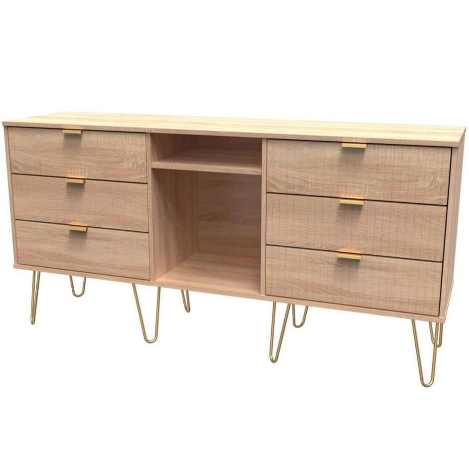 Linear 6 Drawer Open Shelf TV Unit with Gold Hairpin Legs