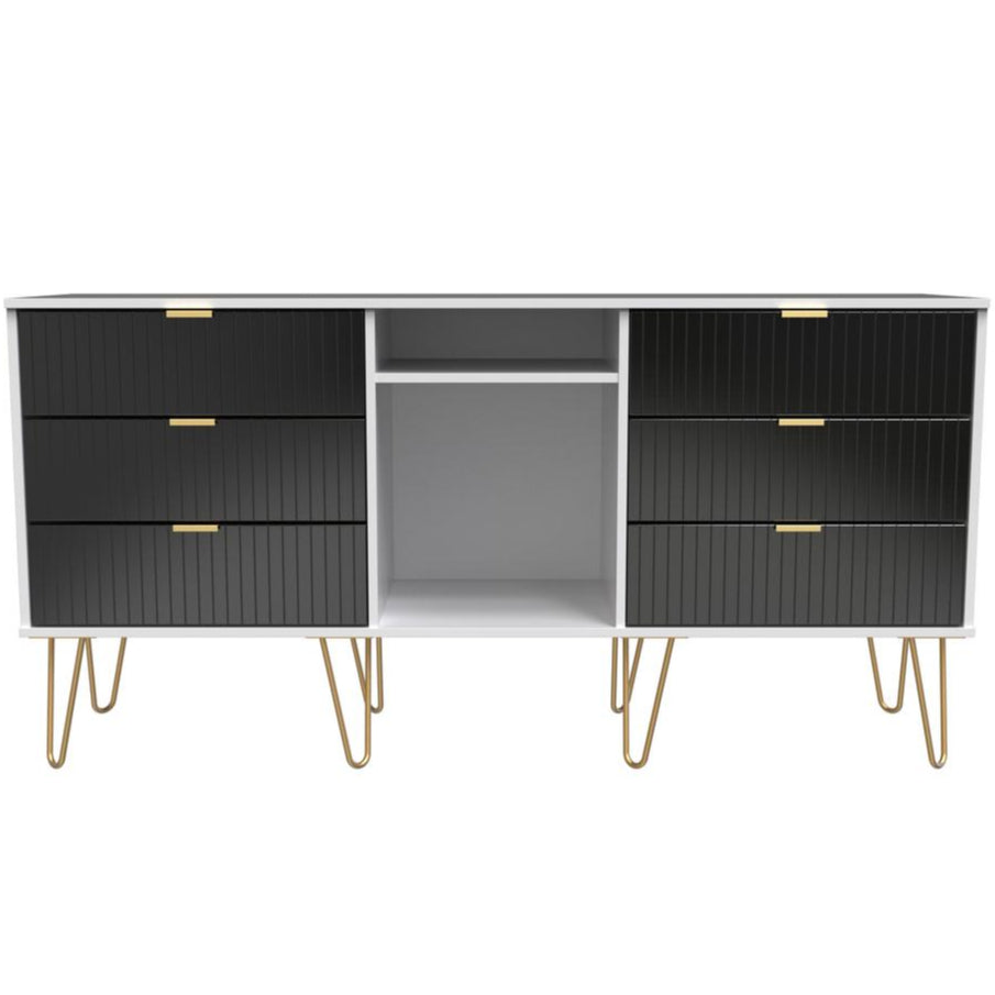 Linear 6 Drawer Open Shelf TV Unit with Gold Hairpin Legs