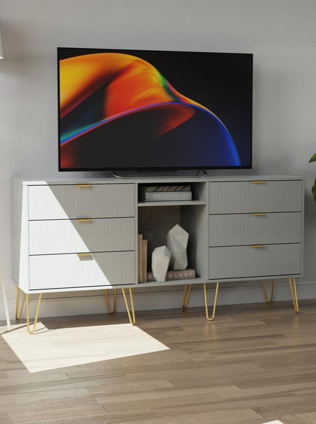 Linear 6 Drawer Open Shelf TV Unit with Gold Hairpin Legs