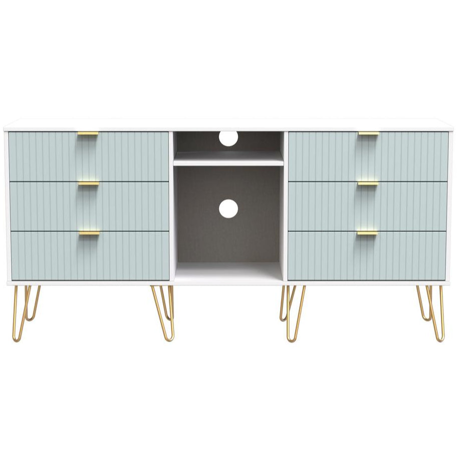 Linear 6 Drawer Open Shelf TV Unit with Gold Hairpin Legs