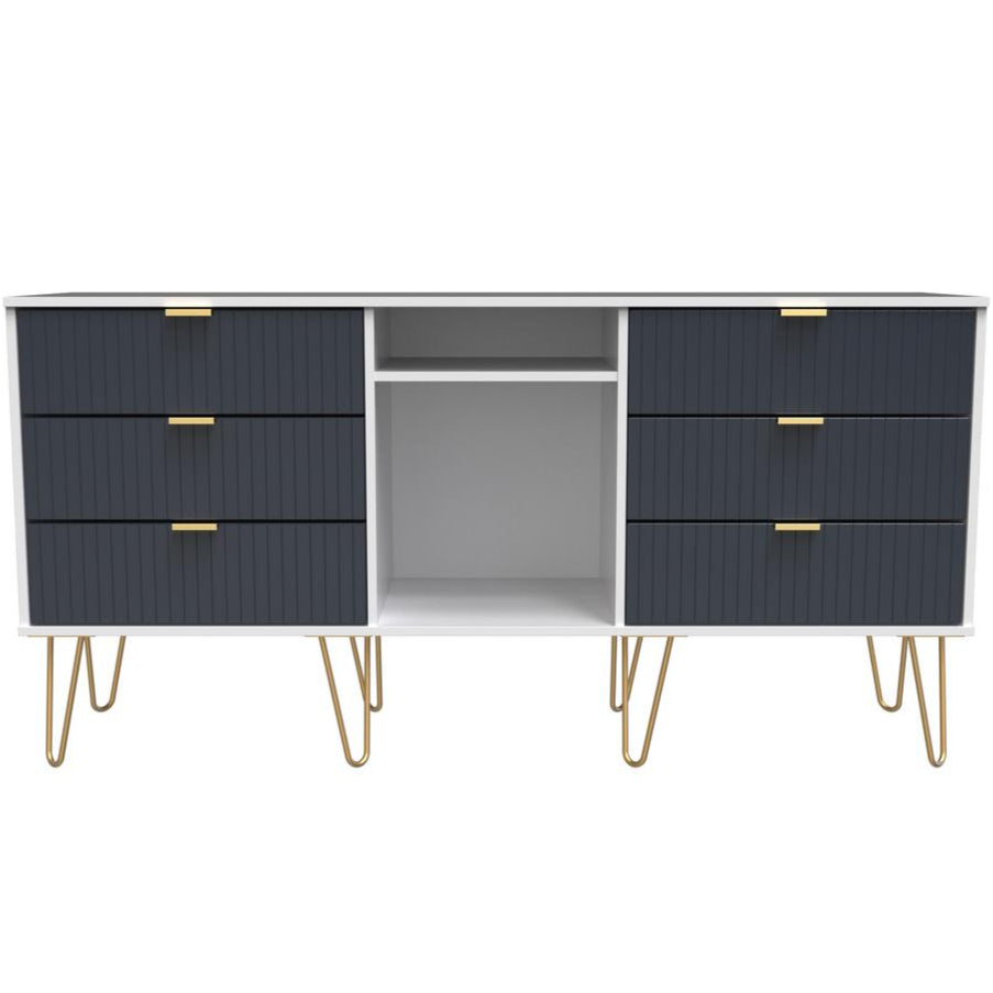 Linear 6 Drawer Open Shelf TV Unit with Gold Hairpin Legs