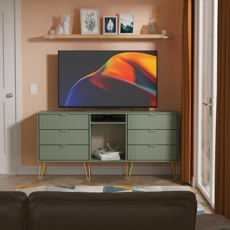 Linear 6 Drawer Open Shelf TV Unit with Gold Hairpin Legs