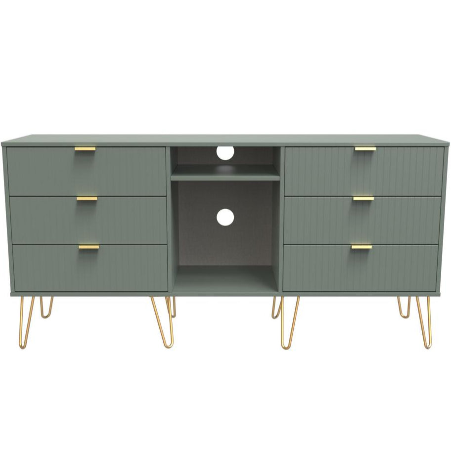 Linear 6 Drawer Open Shelf TV Unit with Gold Hairpin Legs