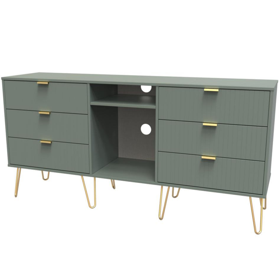 Linear 6 Drawer Open Shelf TV Unit with Gold Hairpin Legs