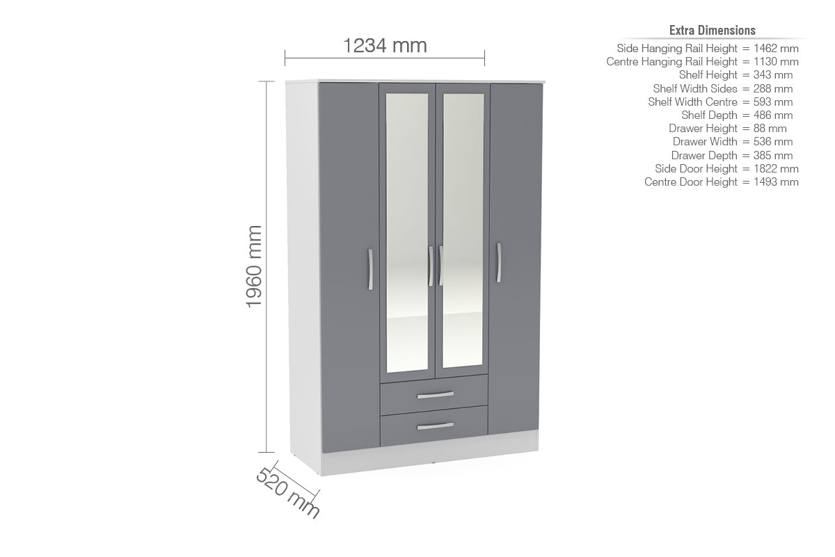 Lynx 4 Door 2 Drawer Mirrored Wardrobe