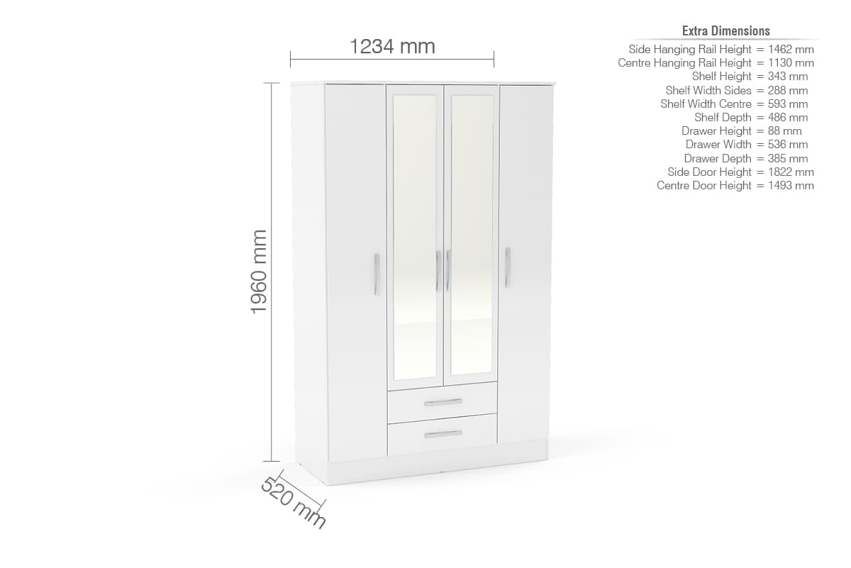 Lynx 4 Door 2 Drawer Mirrored Wardrobe