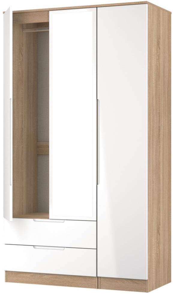 Milan Tall Mirrored 3 Door 2 Drawer Triple Wardrobe
