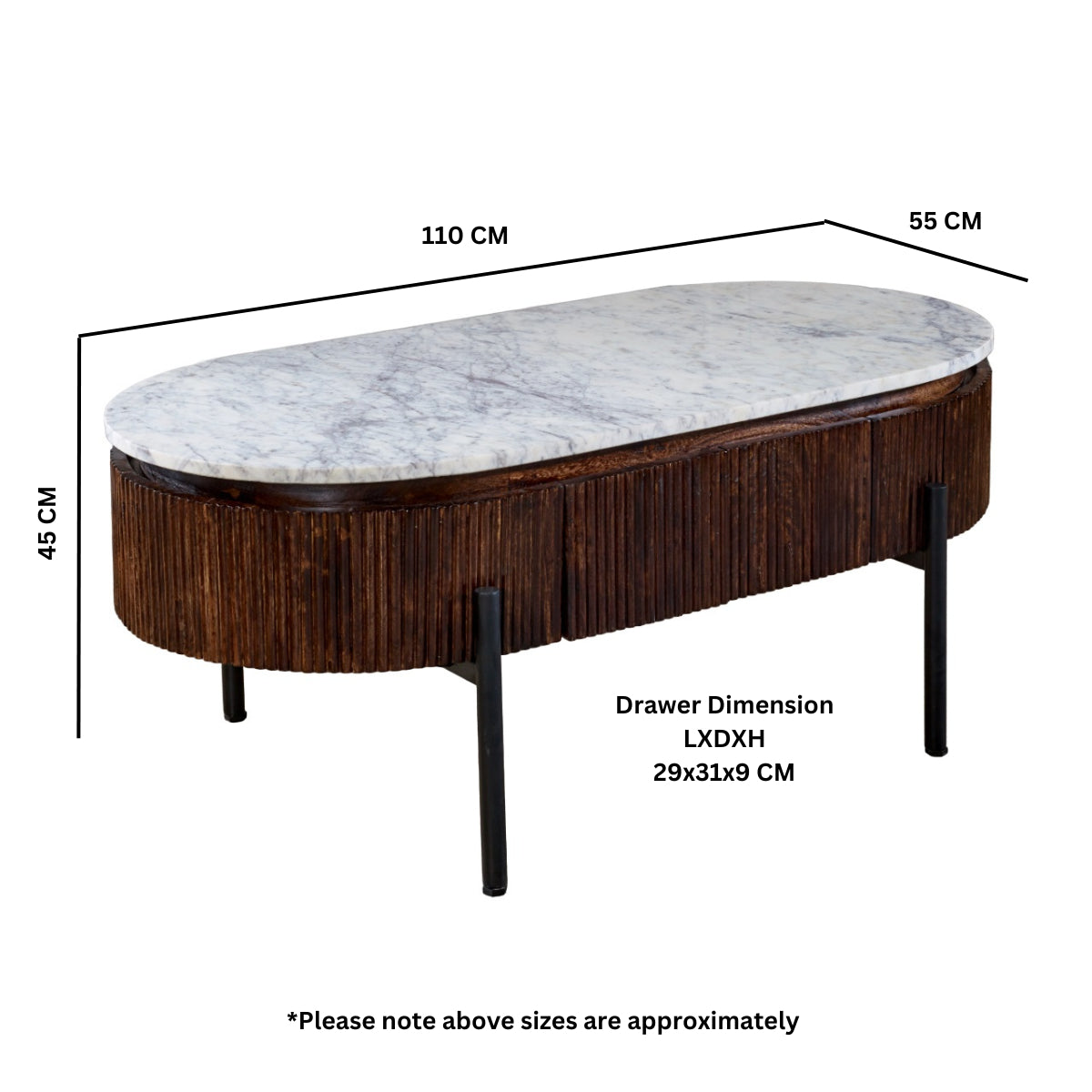 Opal Natural Marble and Mango Wood 2 Drawer Coffee Table