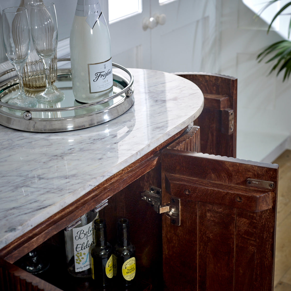 Opal Natural Marble and Mango Wood 4 Door Drinks Cabinet Sideboard