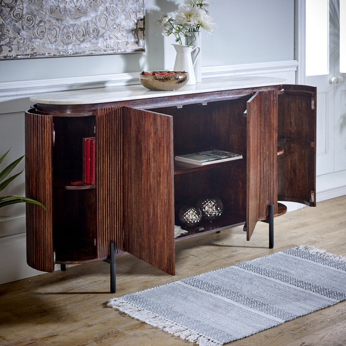 Opal Natural Marble and Mango Wood 4 Door Sideboard