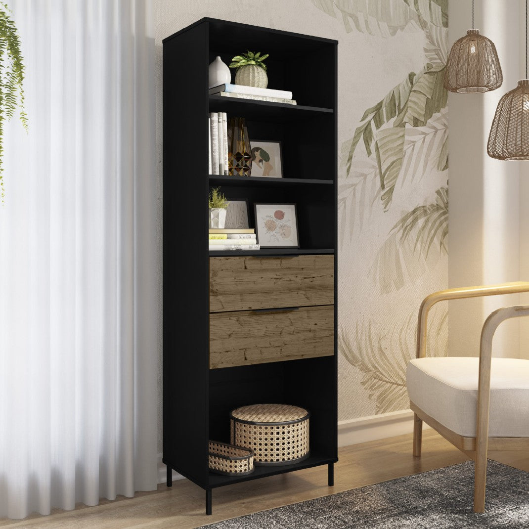 Madrid Black and Acacia Effect Bookcase with 2 Drawers