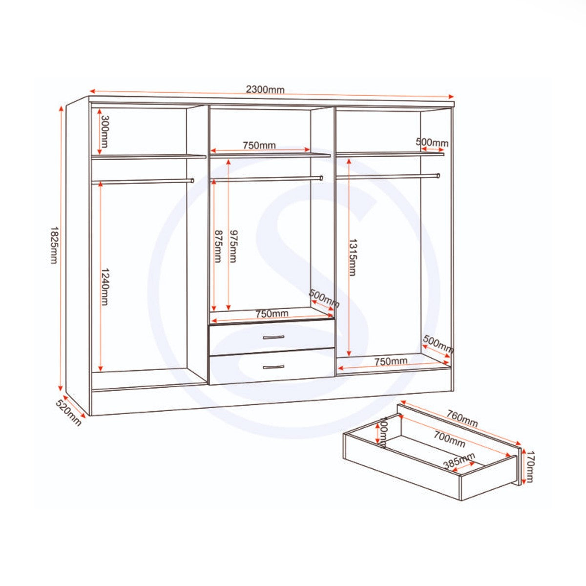 Nevada 6 Door 2 Drawer Mirrored Wardrobe