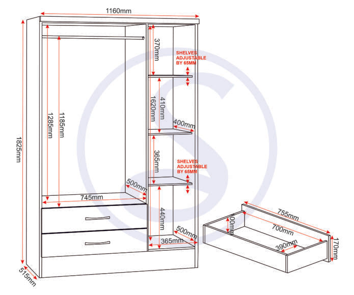Nevada 3 Door 2 Drawer Mirrored Wardrobe