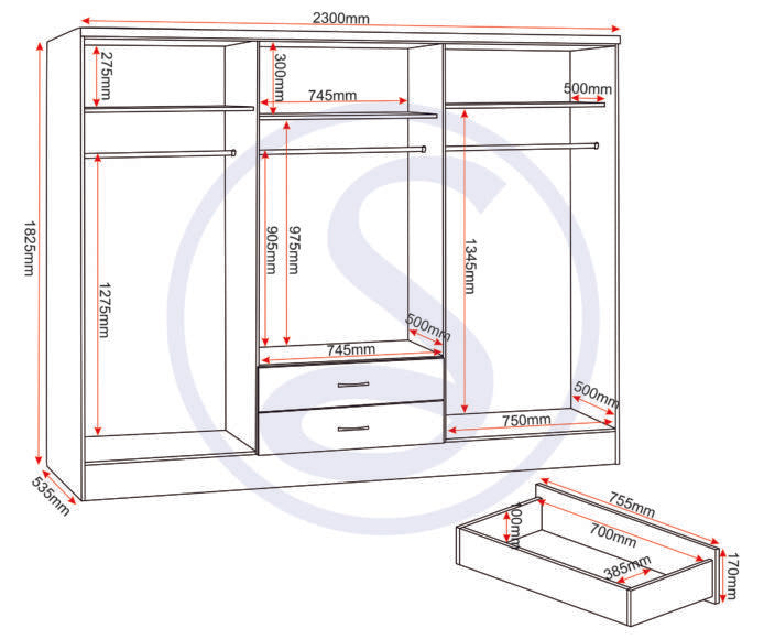 Nevada 6 Door 2 Drawer Mirrored Wardrobe