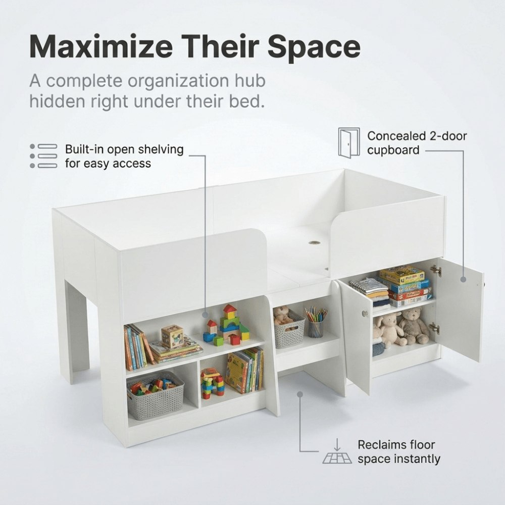 Nova Low Sleeper Kids Single Bed with Storage Shelves & Cupboard