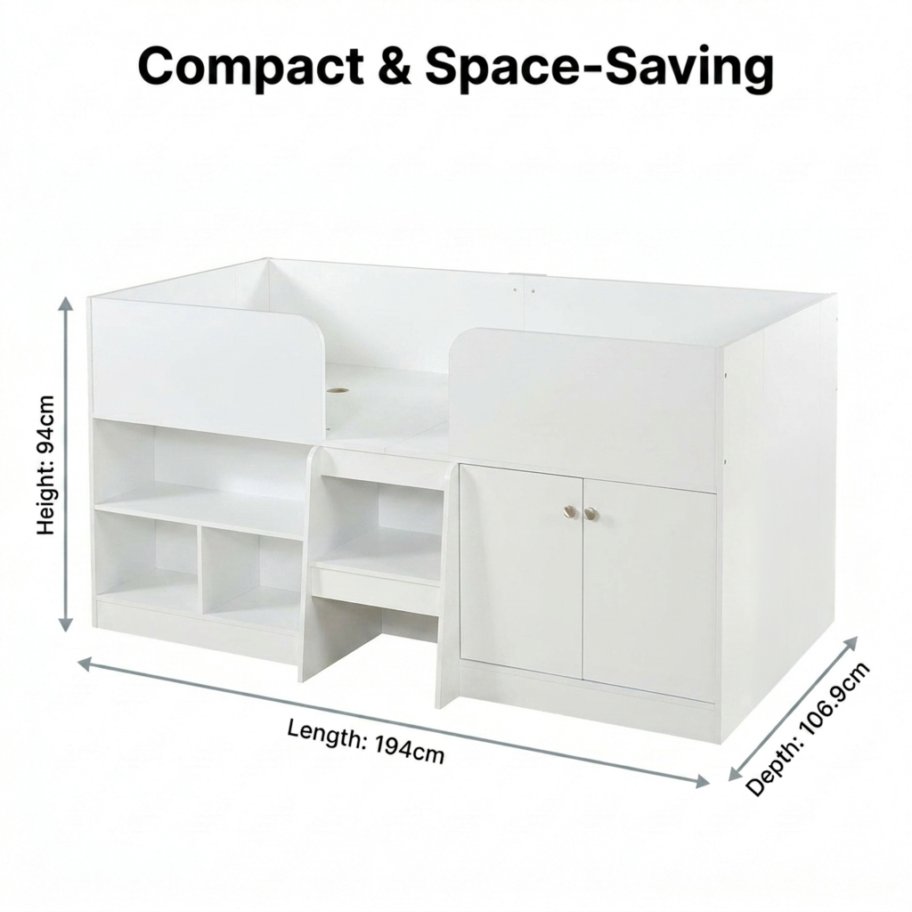 Nova Low Sleeper Kids Single Bed Frame with Storage Shelves
