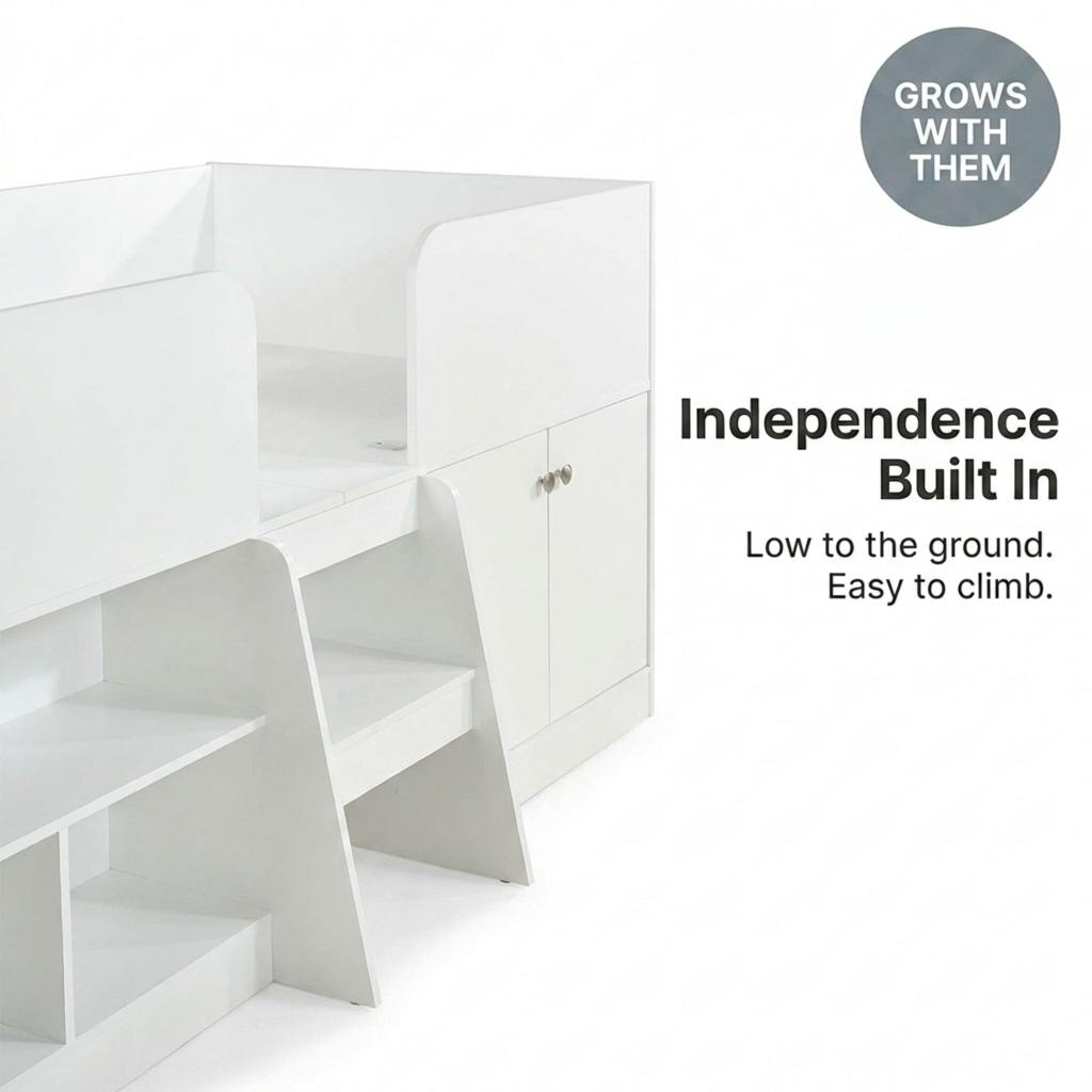 Nova Low Sleeper Kids Single Bed Frame with Storage Shelves