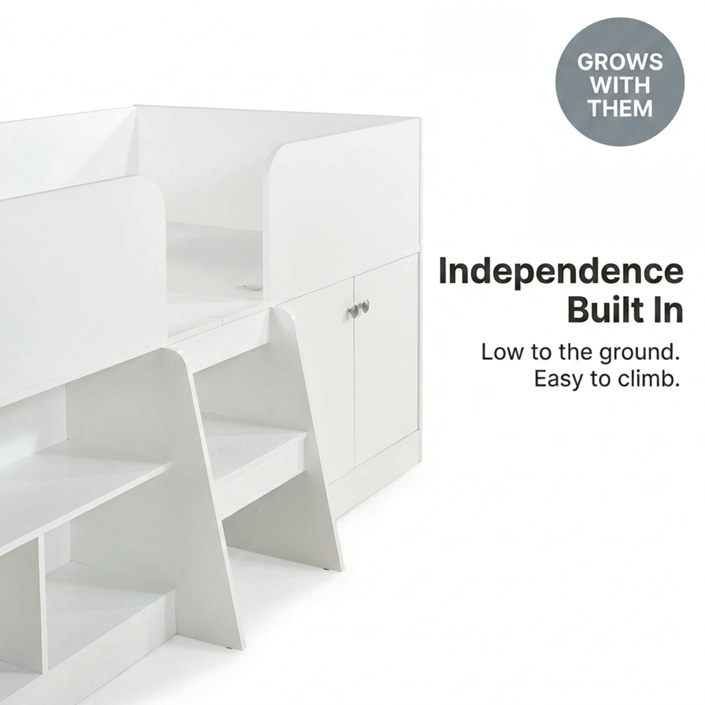 Nova Low Sleeper Kids Single Bed with Storage Shelves & Cupboard