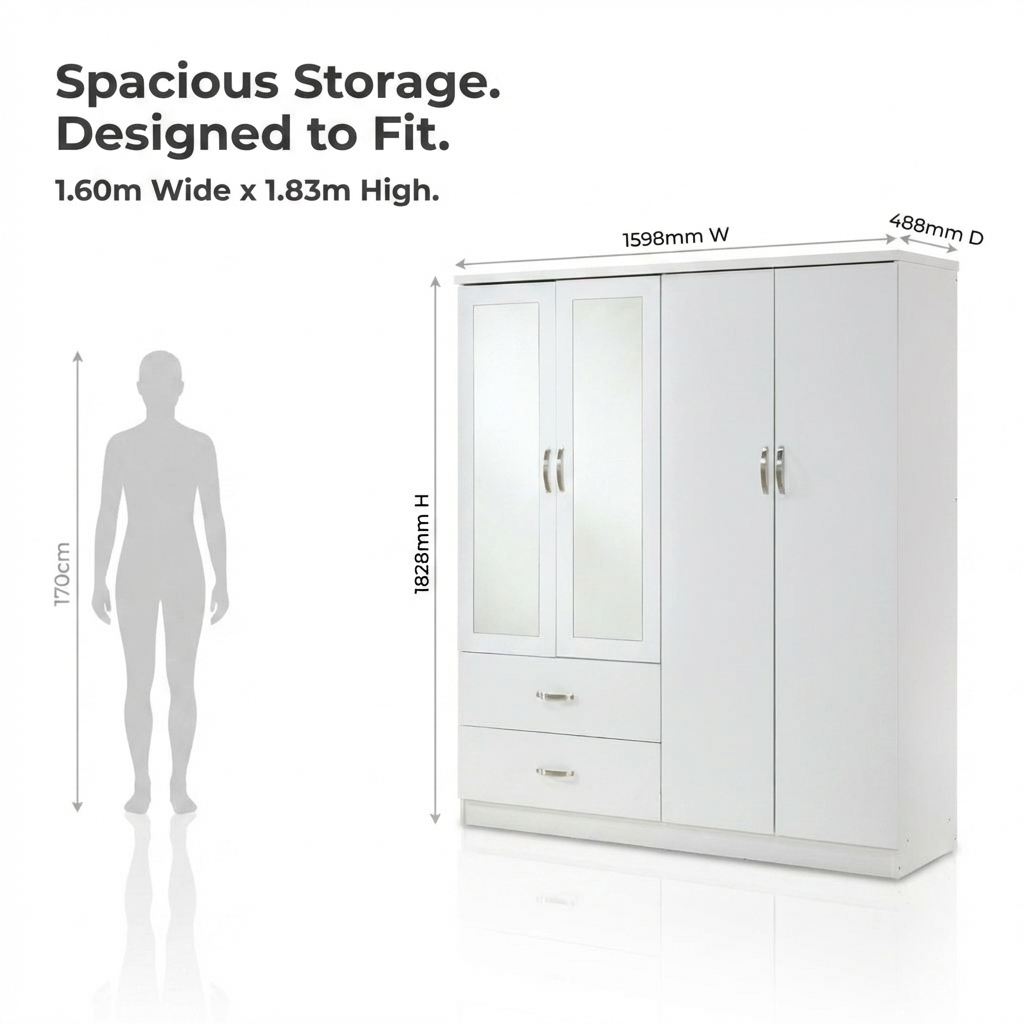 Paddington 4 Door 2 Drawer Mirrored Wardrobe
