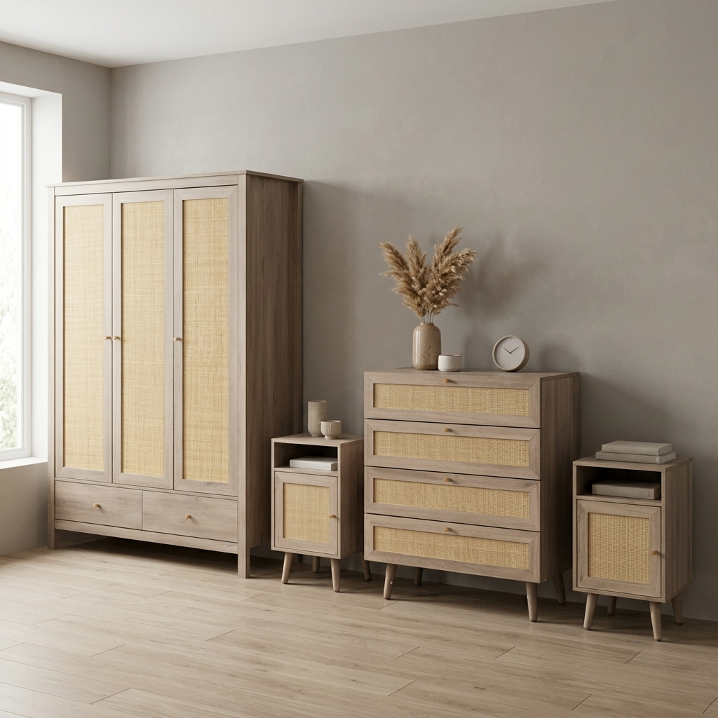 Willow Rattan 3 Door Wardrobe & 4 Drawer Chest 4 Piece Bedroom Set
