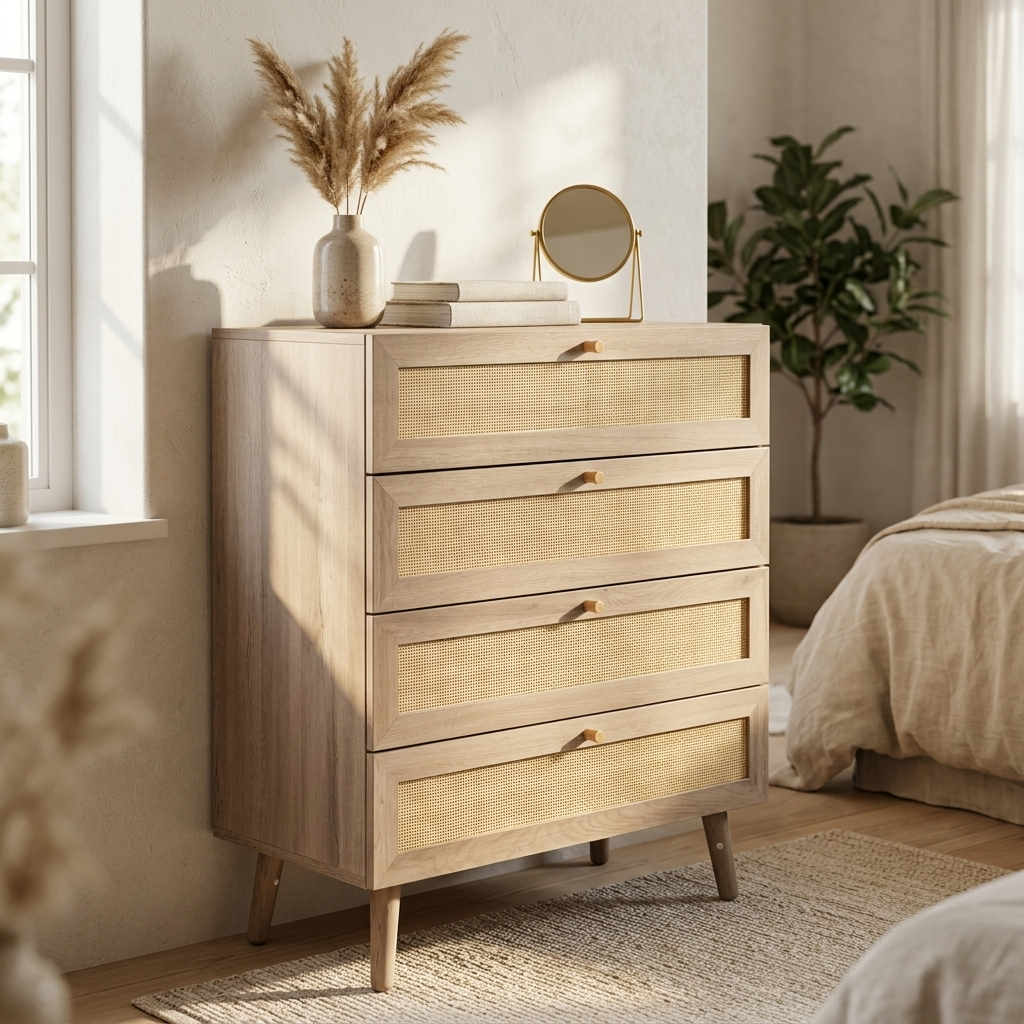 Willow Rattan 4 Door Wardrobe & 4 Drawer Chest 4 Piece Bedroom Set