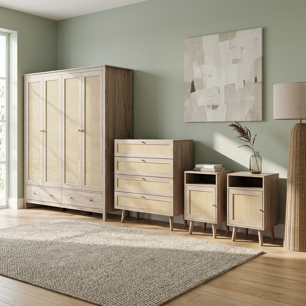 Willow Rattan 4 Door Wardrobe & 4 Drawer Chest 4 Piece Bedroom Set