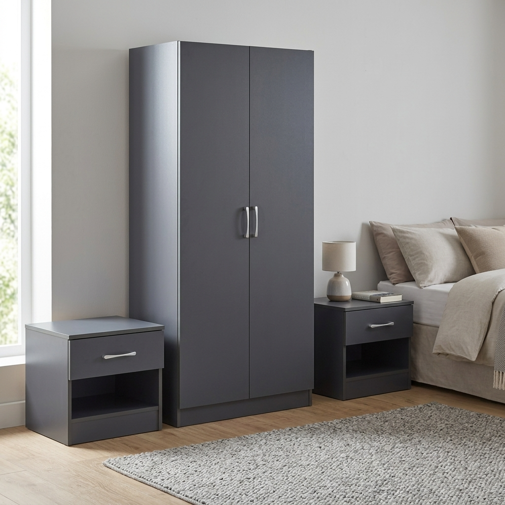 Highbury 2 Door Double Wardrobe & 1 Drawer Bedside 3 Piece Bedroom Set