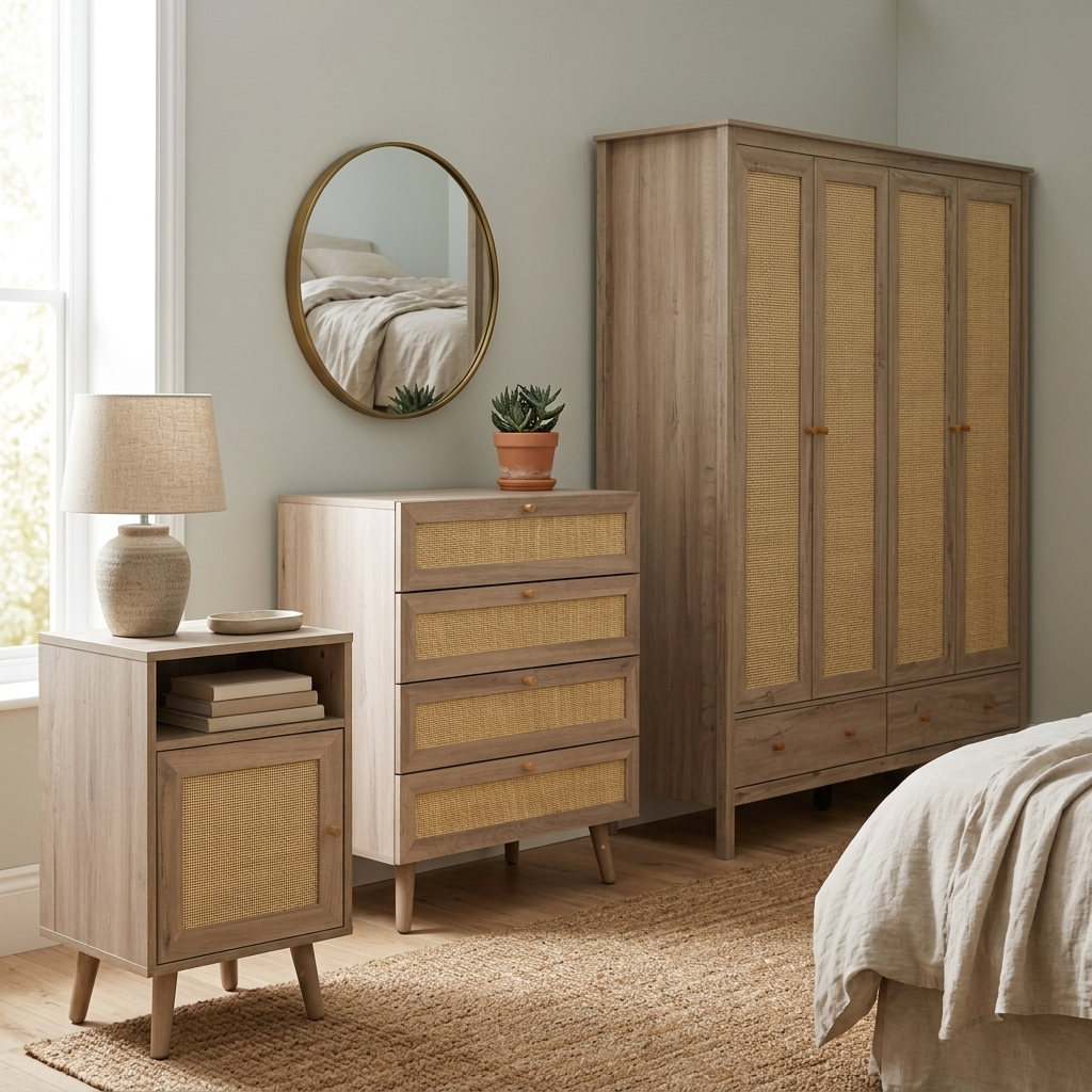 Willow Rattan 4 Door Wardrobe & 4 Drawer Chest 3 Piece Bedroom Set