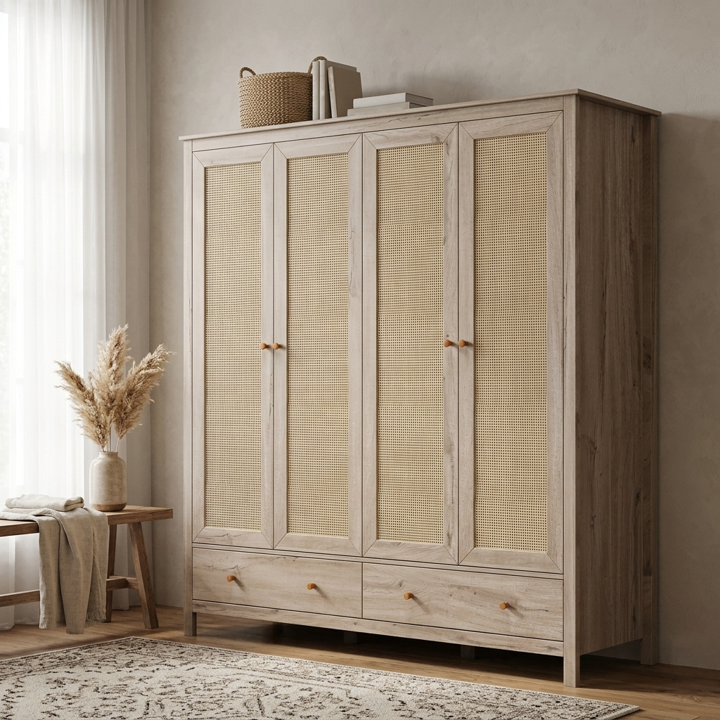 Willow Rattan 4 Door Wardrobe & 4 Drawer Chest 3 Piece Bedroom Set
