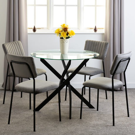 Sheldon Round Glass Dining Set with 4 Velvet Chairs