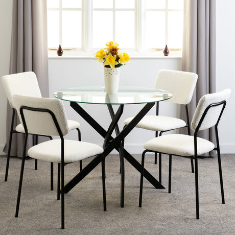 Sheldon Round Glass Dining Set with 4 Boucle Chairs