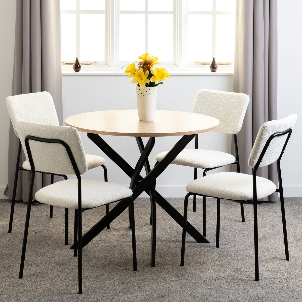 Sheldon Round Wooden Dining Set with 4 Boucle Chairs