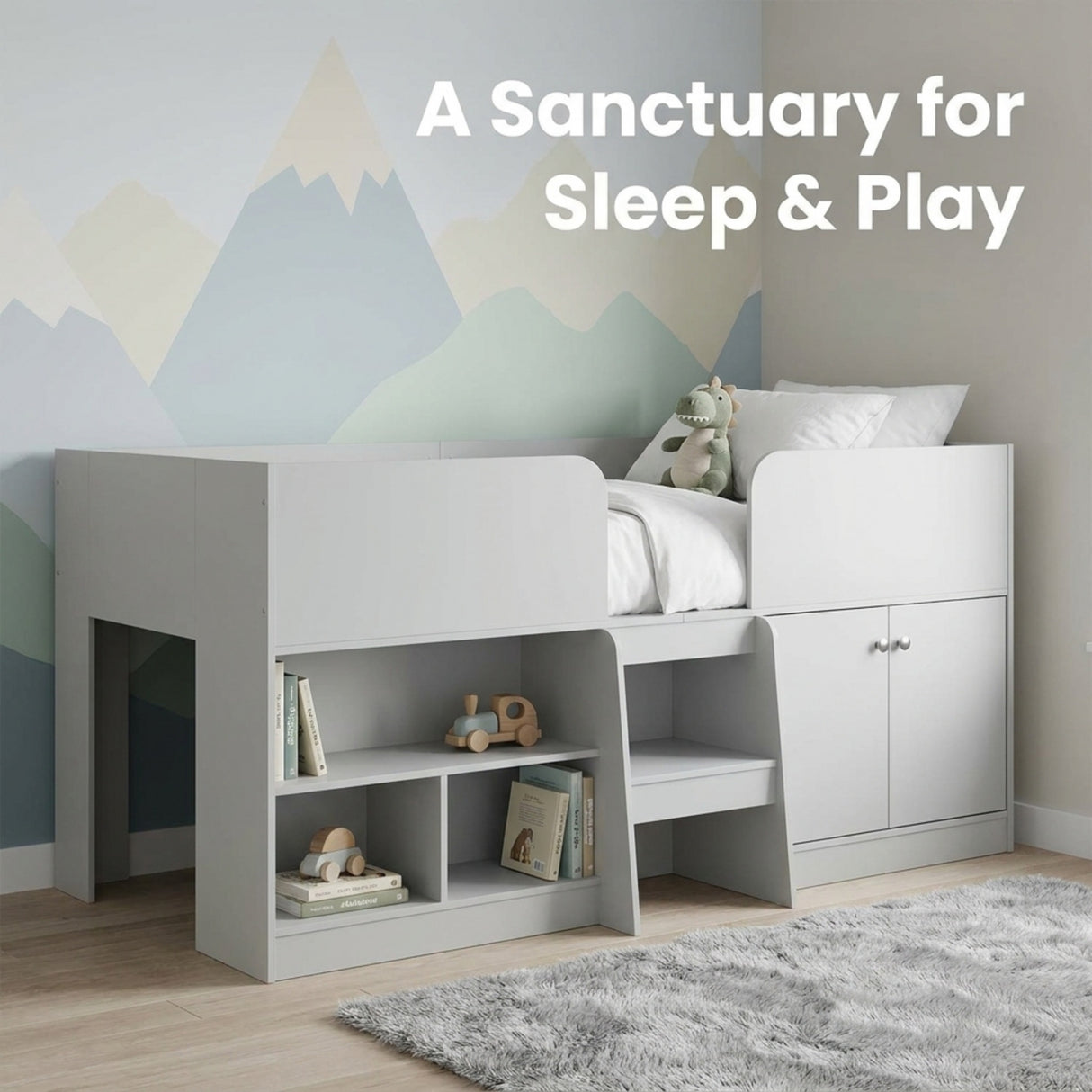 Nova Low Sleeper Kids Single Bed Frame with Storage Shelves