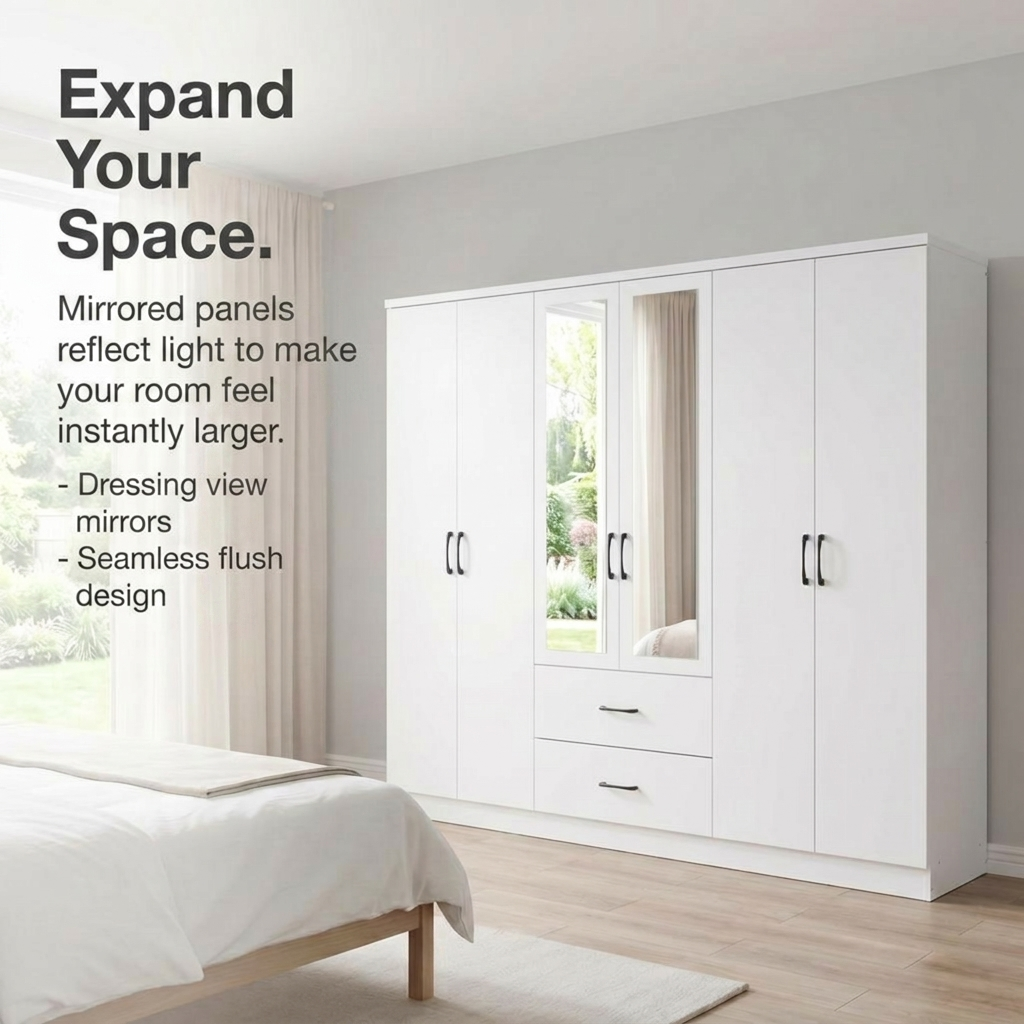 Paddington 6 Door 2 Drawer Mirrored Large Wardrobe