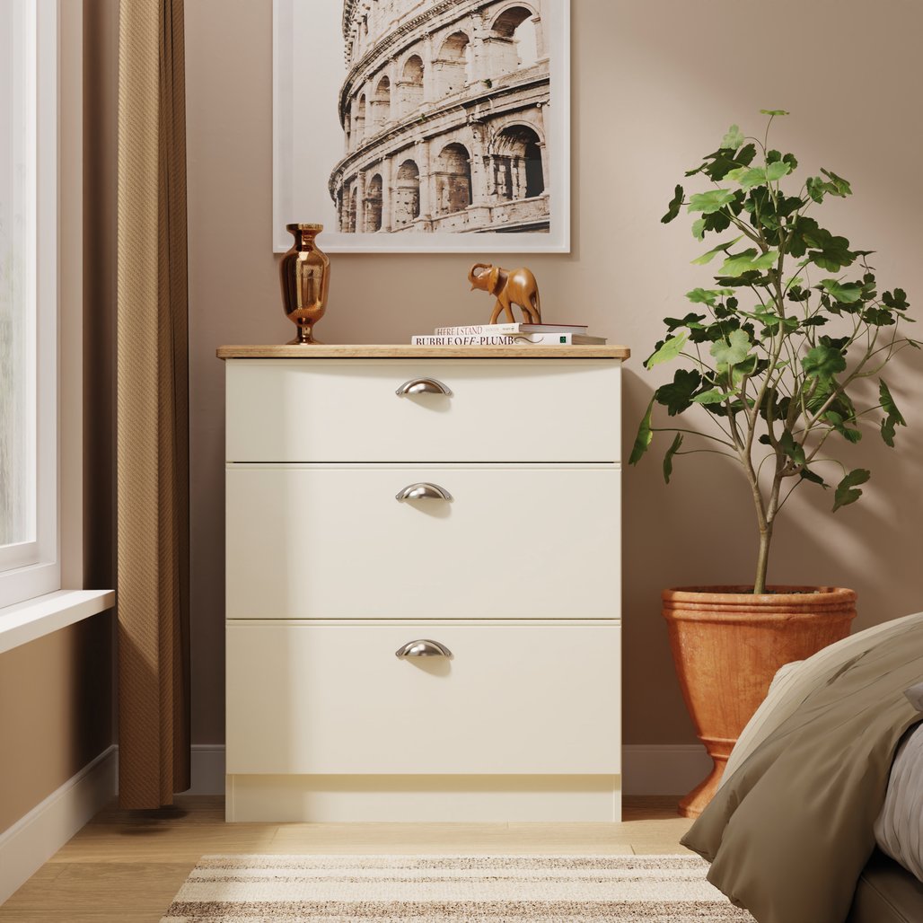 Victoria 3 Drawer Deep Chest of Drawers with Oak Top