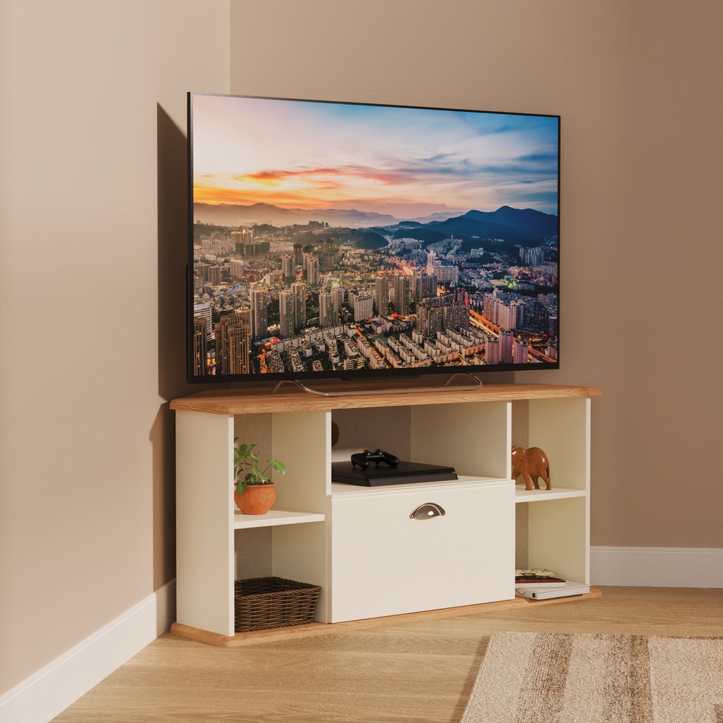Victoria 1 Drawer Open Shelf Corner TV Unit with Riviera Oak Top