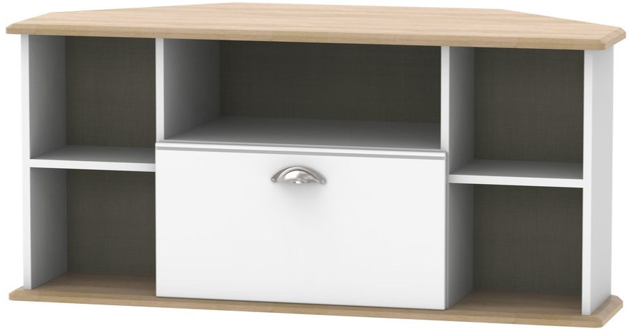 Victoria 1 Drawer Open Shelf Corner TV Unit with Riviera Oak Top
