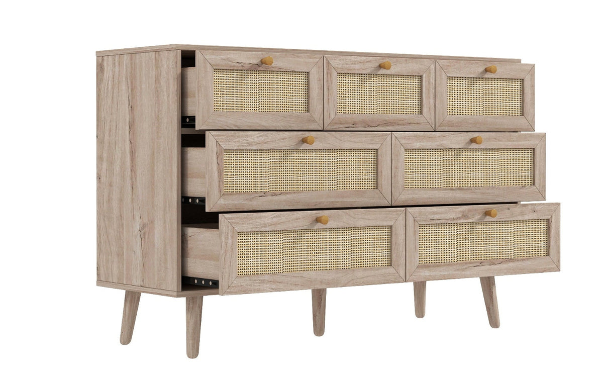 Willow rattan 7 drawer chest of drawers styled in bedroom