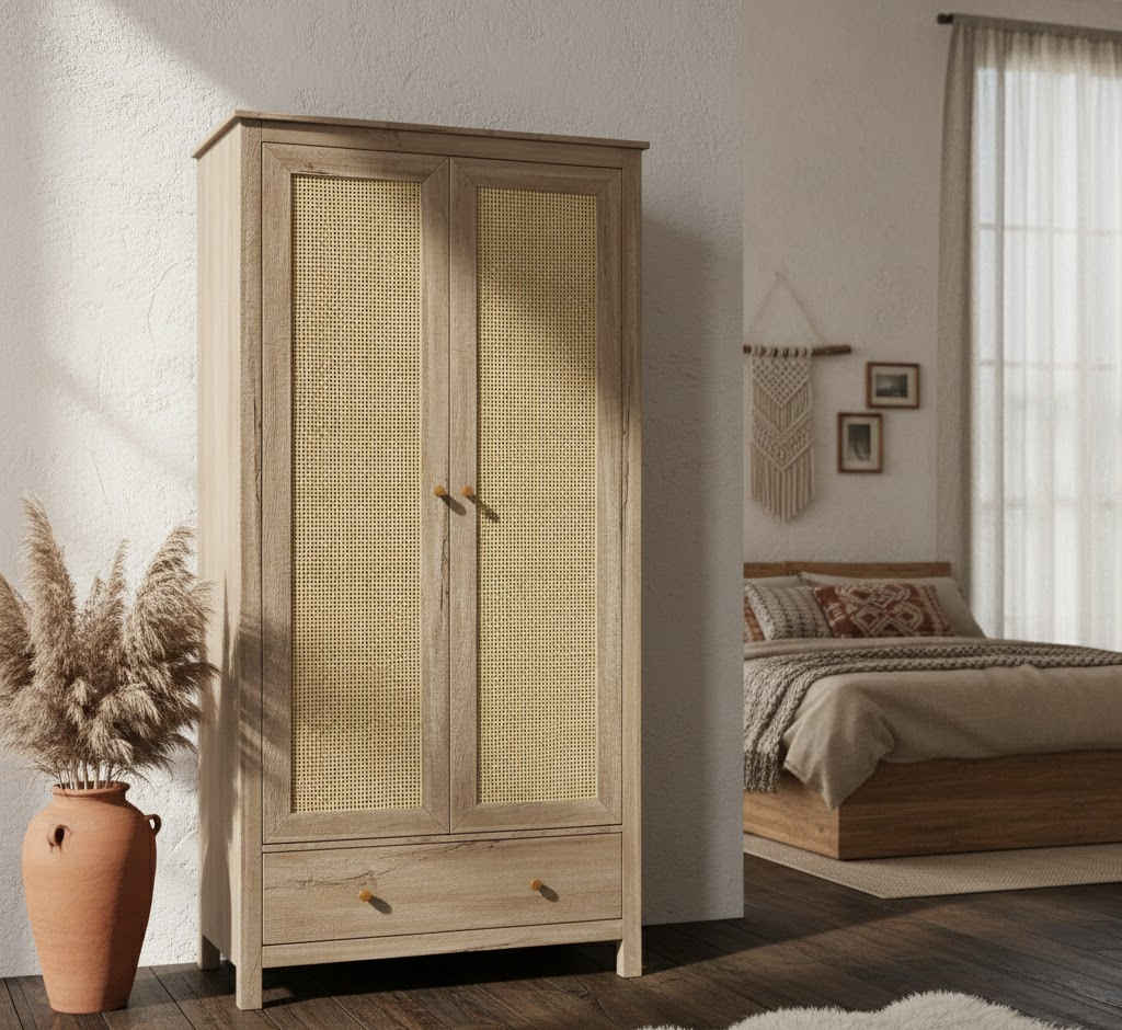 Willow Rattan 2 Door Double Wardrobe with 1 Drawer