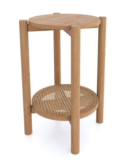 Cypress Round Side Table with Rattan Open Shelf