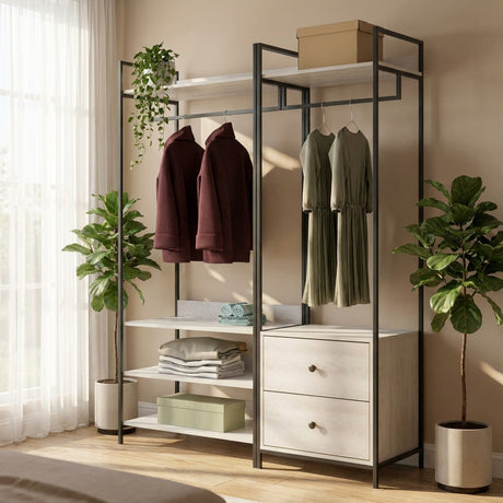 Alva Open Wardrobe Clothes Rail with 2 Drawers & 4 Shelves Set