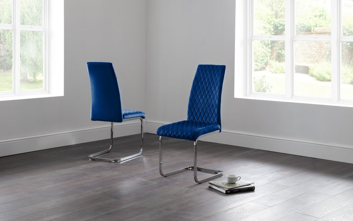 Pair of Blue Velvet Cantilever Dining Chairs