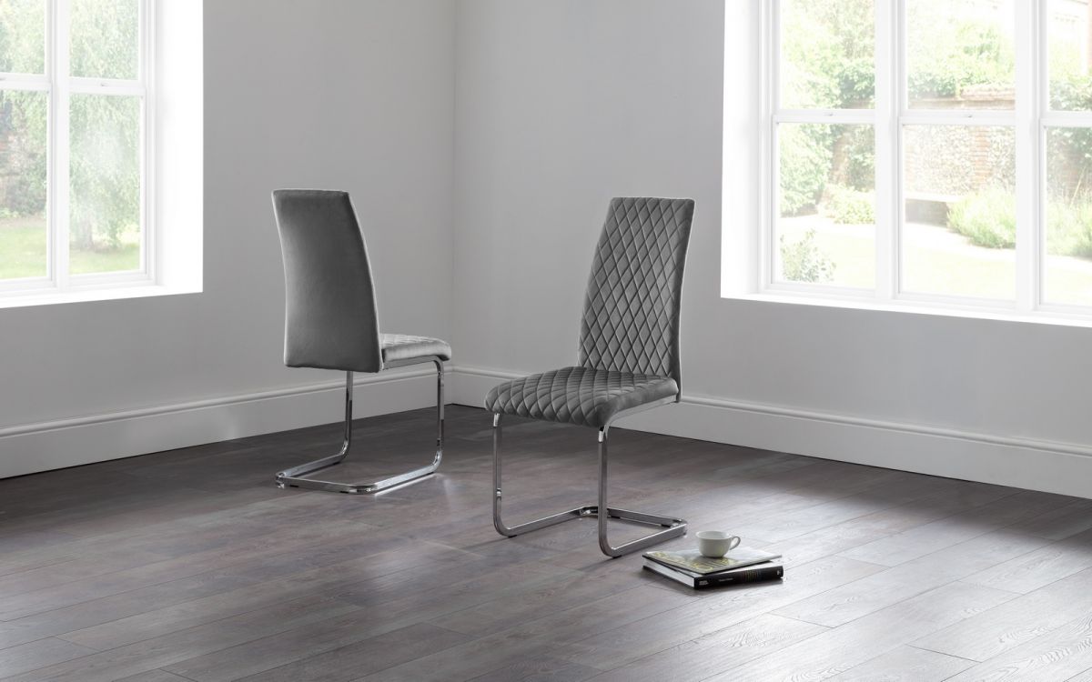 Calabria Pair of Grey Velvet Cantilever Dining Chairs