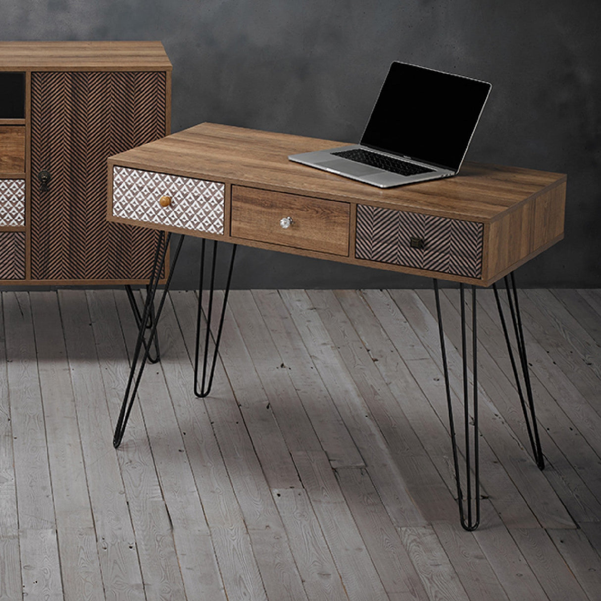 Casablanca 3 Drawer Desk with Black Hairpin Legs - LPD