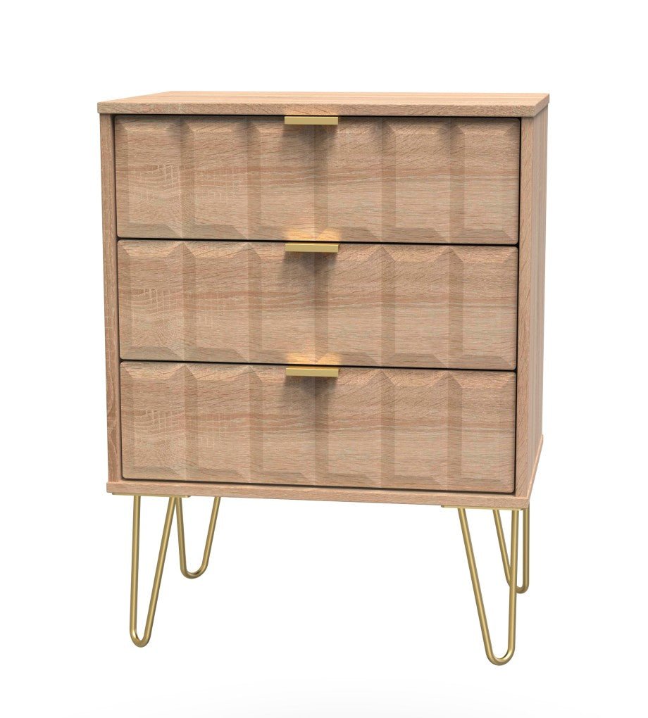 Cube 3 Drawer Midi Chest with Gold Hairpin Legs - Welcome Furniture
